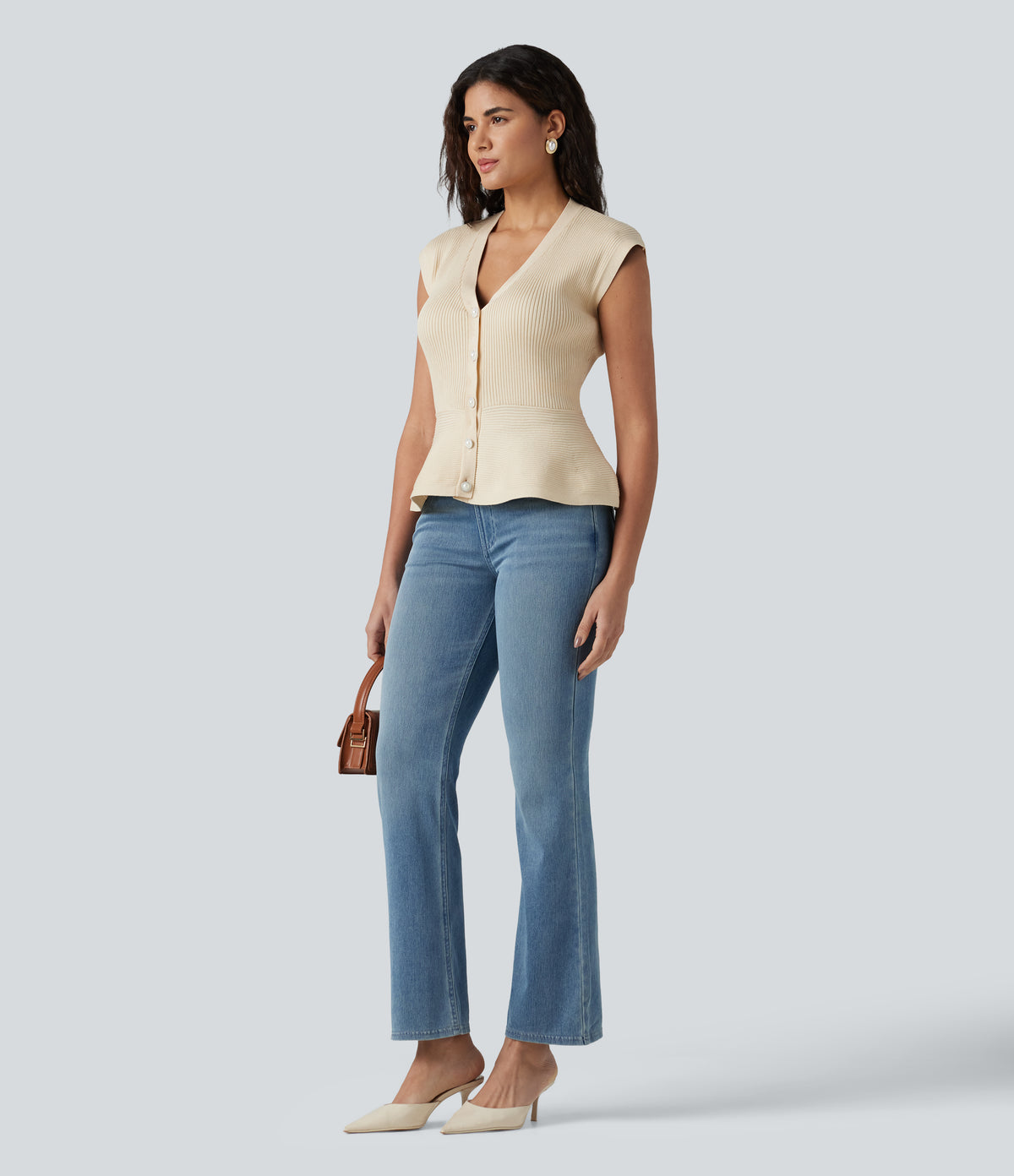 V-neck Sleeveless Work Peplum Cardigan — Baby's Breath — view 6