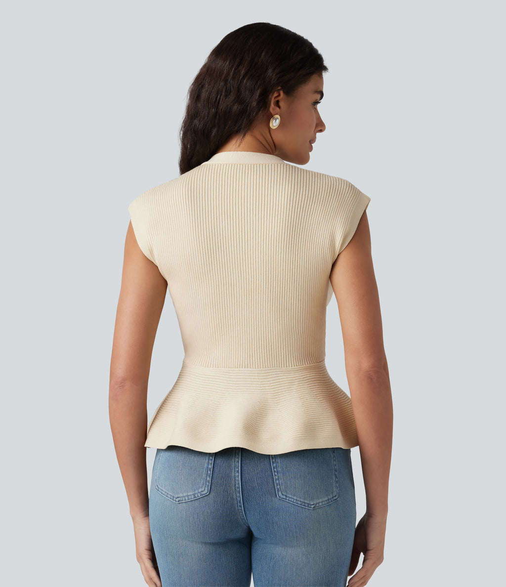 V-neck Sleeveless Work Peplum Cardigan — Baby's Breath — view 2