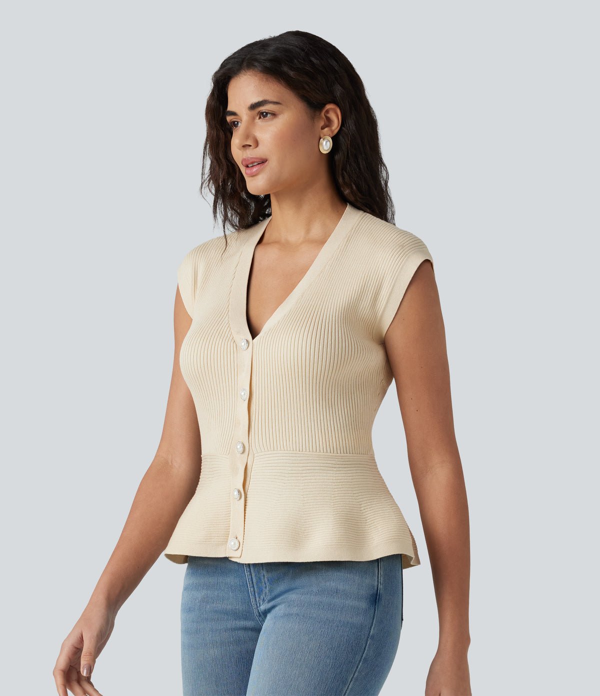 V-neck Sleeveless Work Peplum Cardigan — Baby's Breath — view 3
