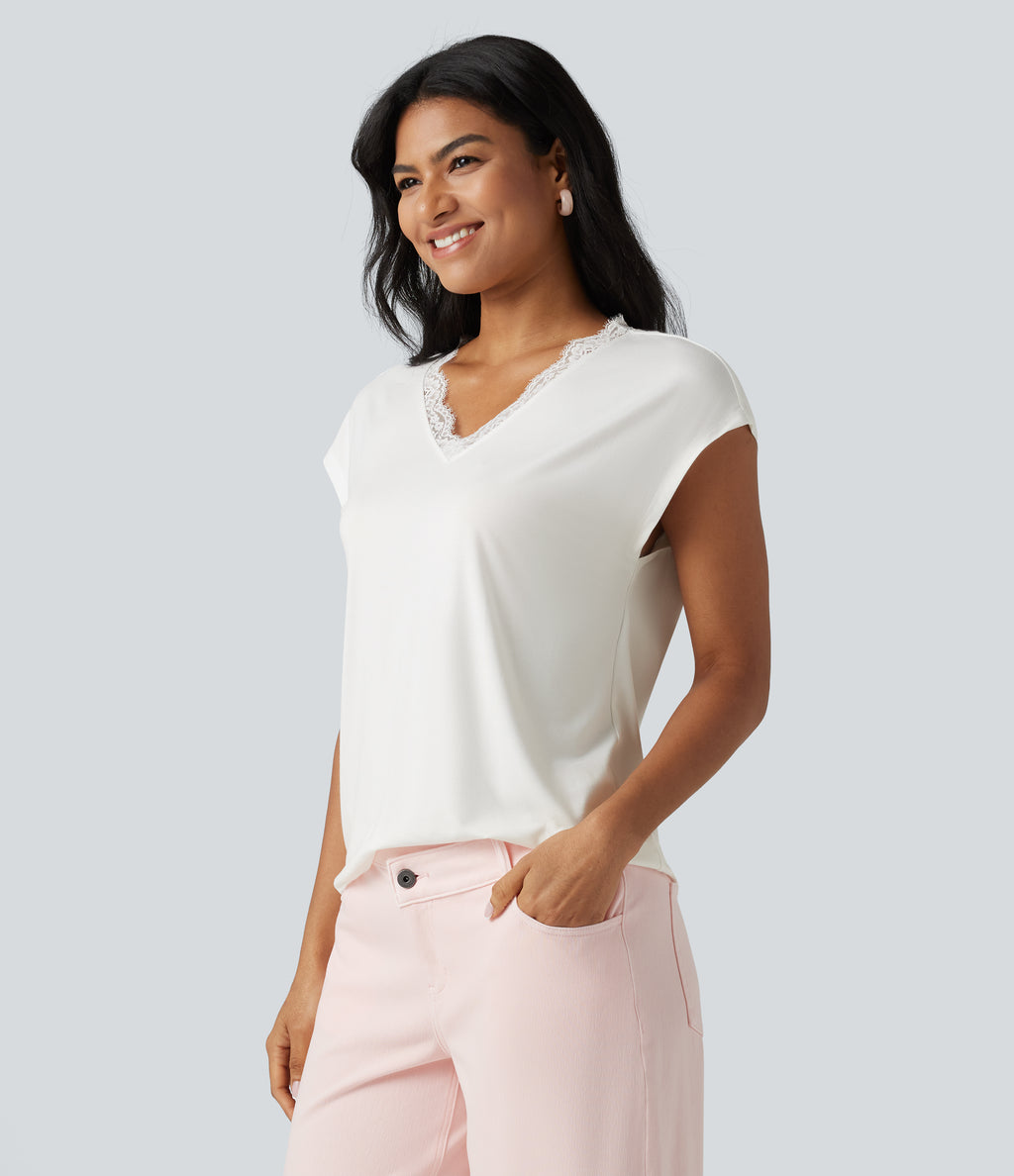 Lace V Neck Short Sleeve Casual T-Shirt — White — view 3