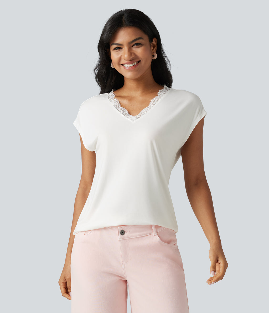 Lace V Neck Short Sleeve Casual T-Shirt — White — view 4