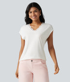 Lace V Neck Short Sleeve Casual T-Shirt — White — view 4