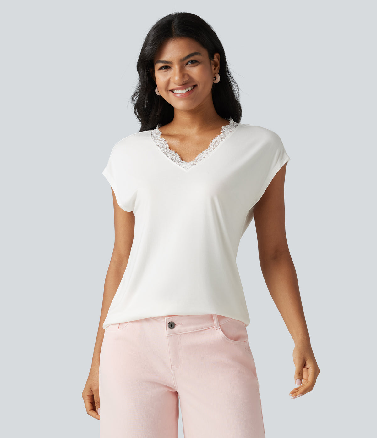 Lace V Neck Short Sleeve Casual T-Shirt — White — view 4