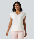 Lace V Neck Short Sleeve Casual T-Shirt — White — view 7