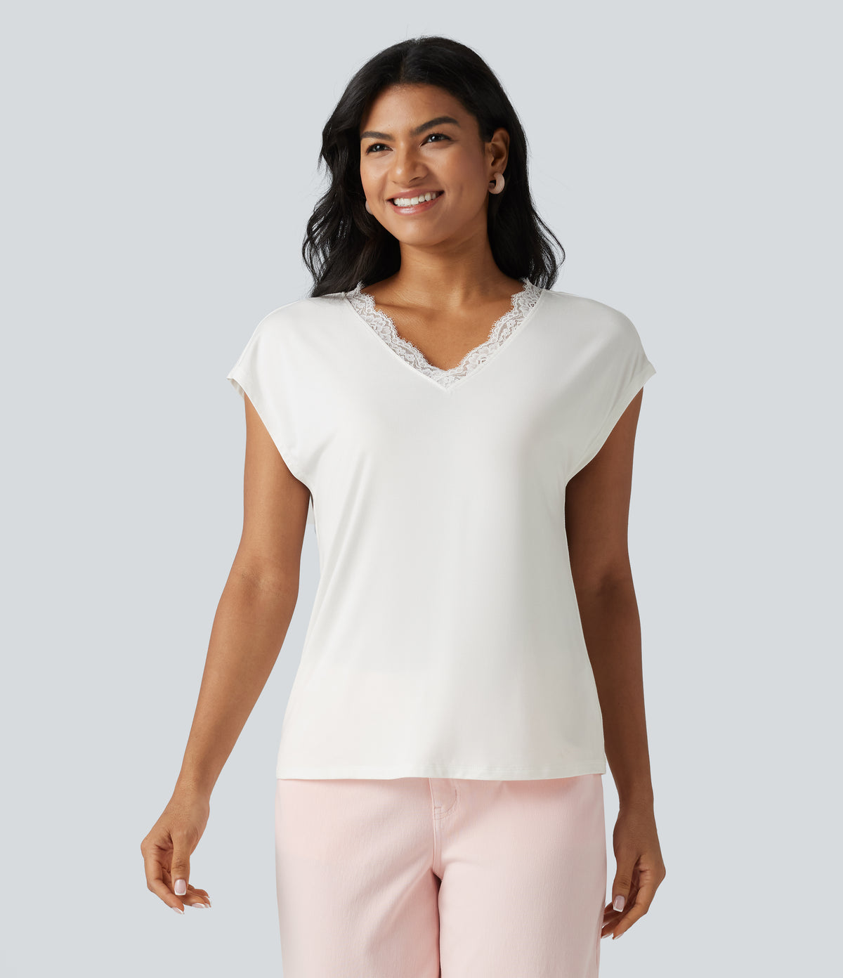 Lace V Neck Short Sleeve Casual T-Shirt — White — view 7