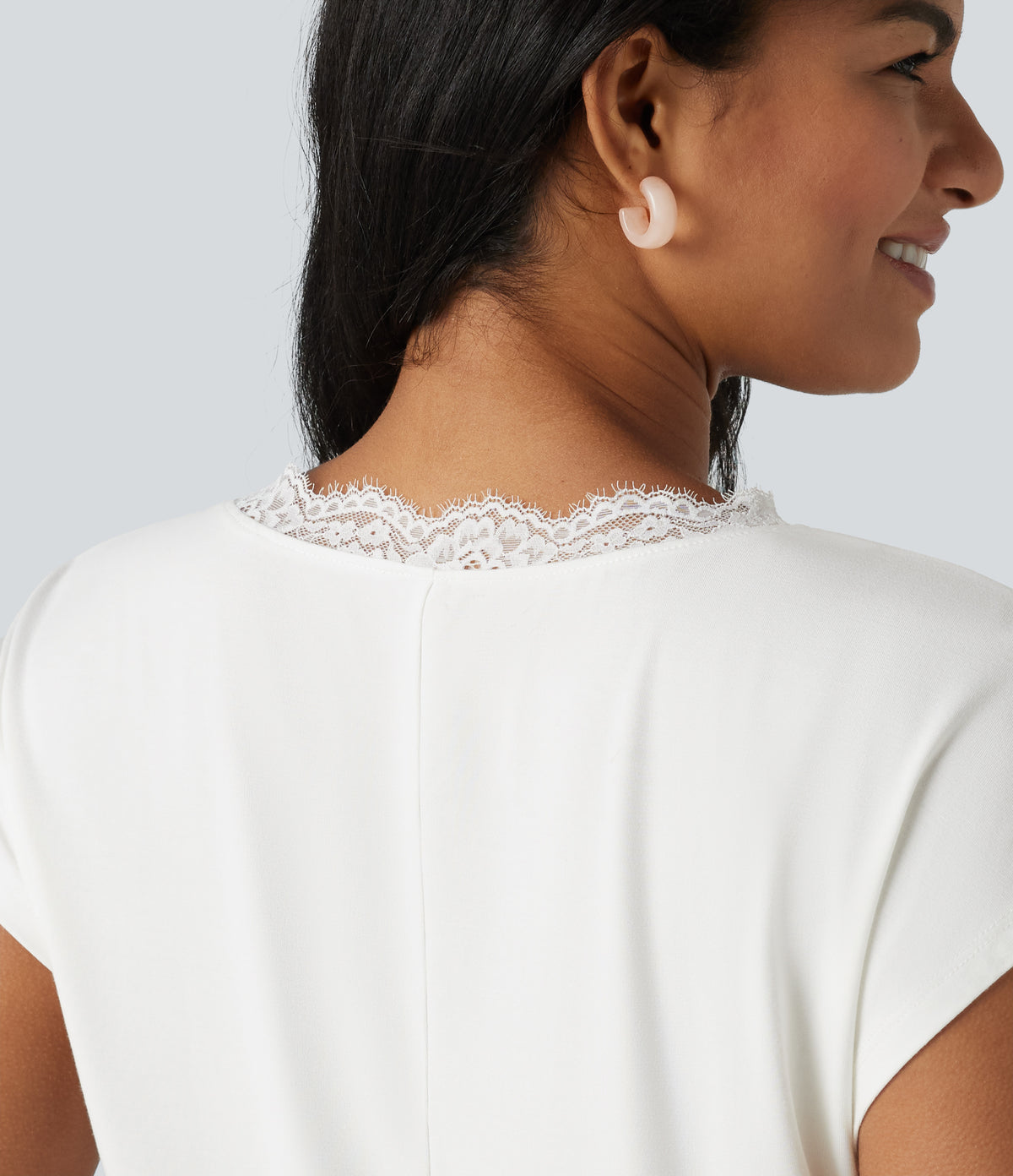 Lace V Neck Short Sleeve Casual T-Shirt — White — view 6