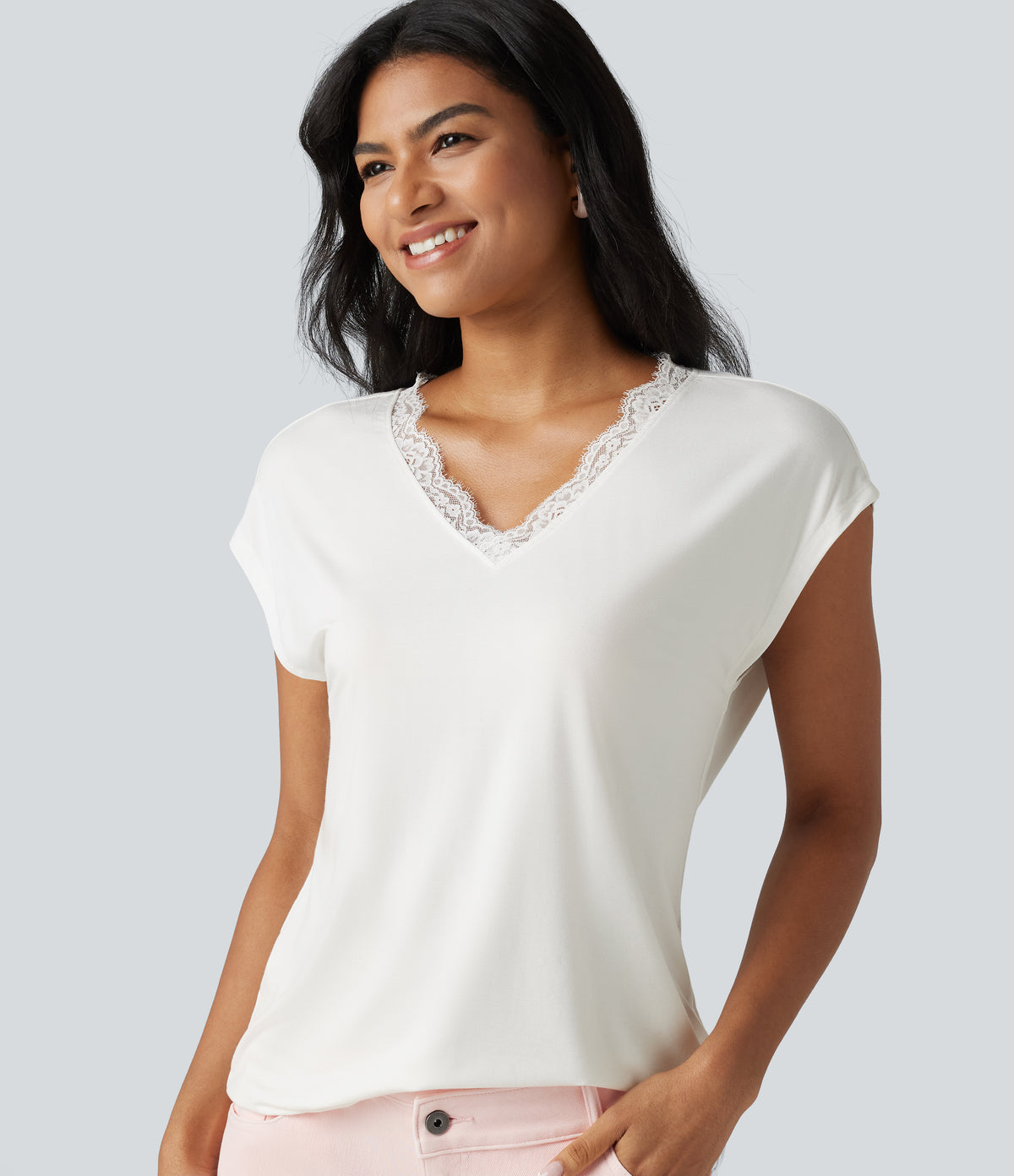 Lace V Neck Short Sleeve Casual T-Shirt — White — view 1