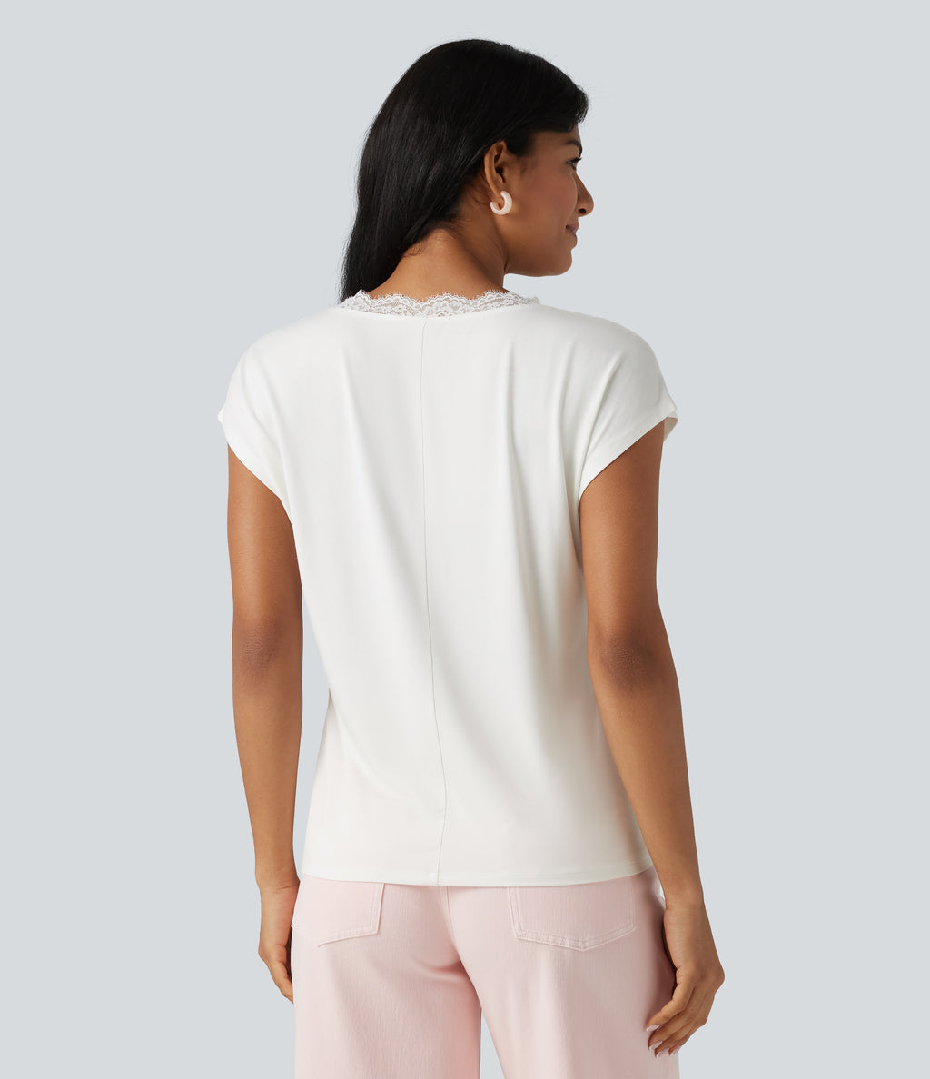 Lace V Neck Short Sleeve Casual T-Shirt — White — view 2