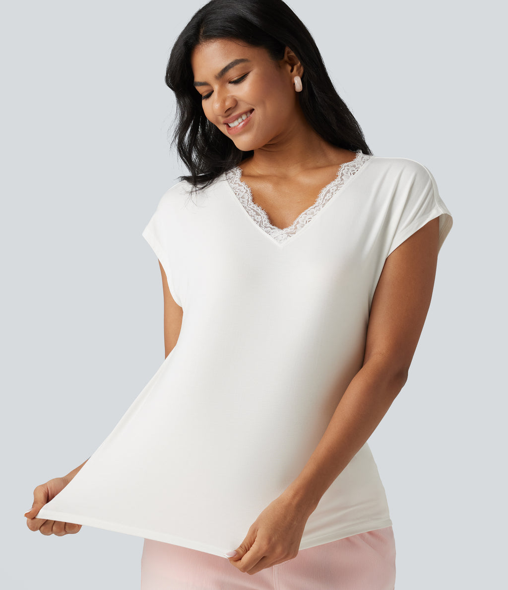 Lace V Neck Short Sleeve Casual T-Shirt — White — view 5
