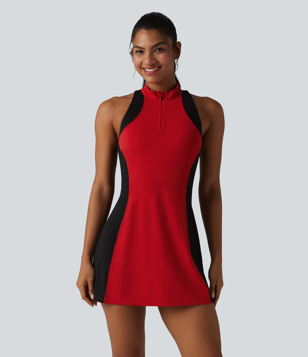 Mock Neck Built-in Bra Racerback Color Block Mini Golf Active Dress — Aura Orange — view 4
