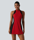 Mock Neck Built-in Bra Racerback Color Block Mini Golf Active Dress — Aura Orange — view 4