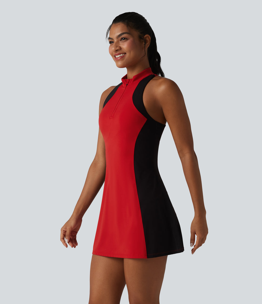 Mock Neck Built-in Bra Racerback Color Block Mini Golf Active Dress — Aura Orange — view 3