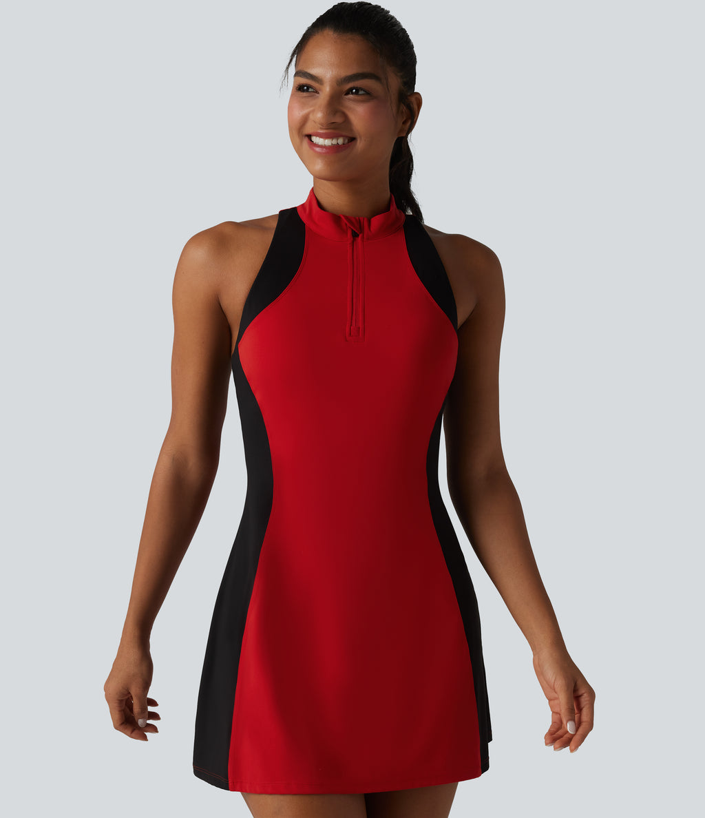 Mock Neck Built-in Bra Racerback Color Block Mini Golf Active Dress — Aura Orange — view 6
