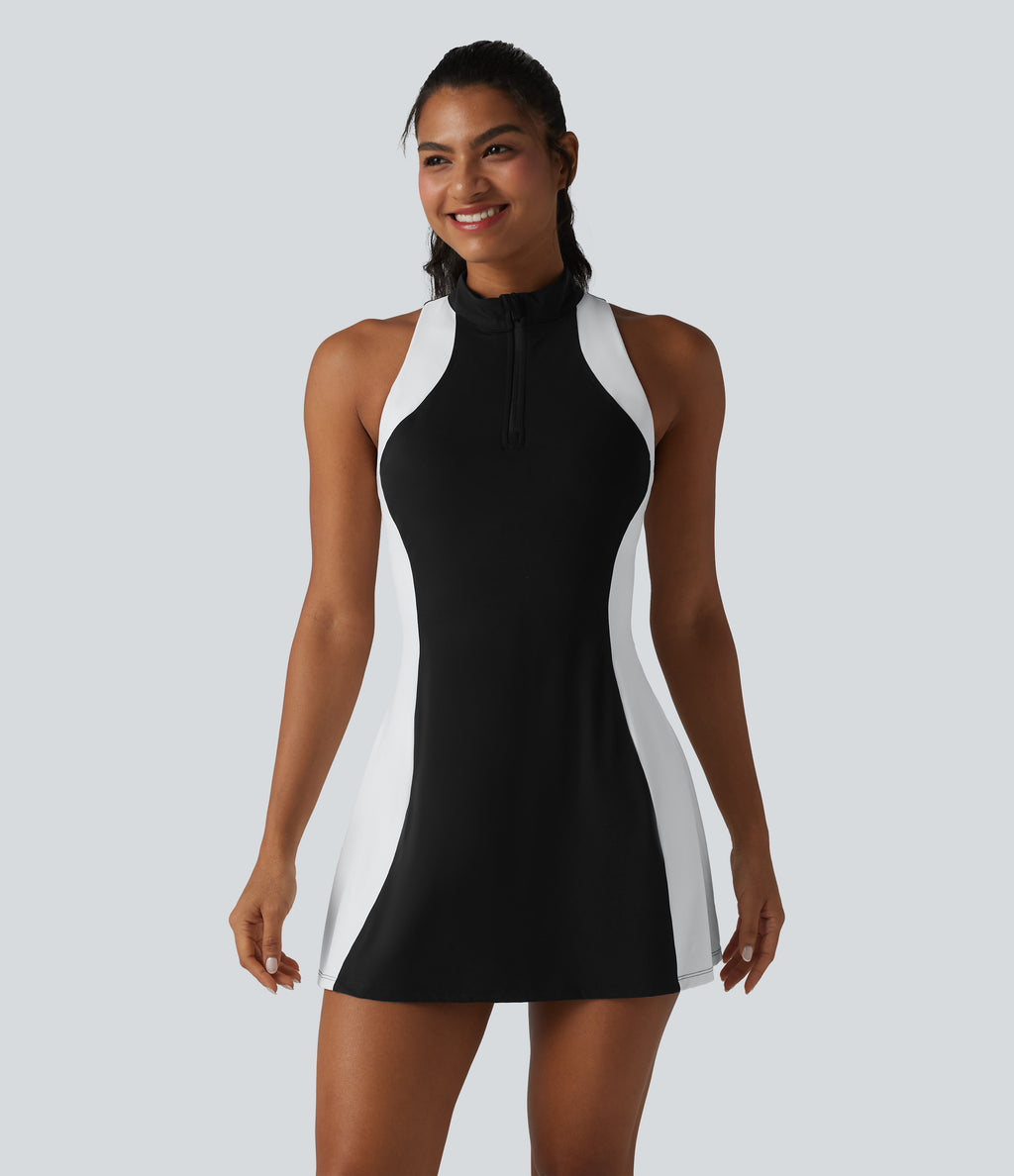 Mock Neck Built-in Bra Racerback Color Block Mini Golf Active Dress — Black — view 9