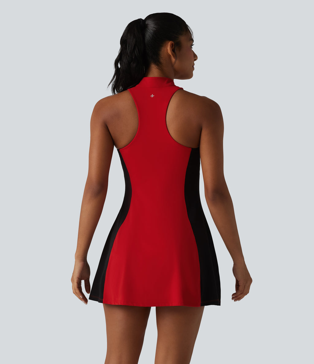 Mock Neck Built-in Bra Racerback Color Block Mini Golf Active Dress — Aura Orange — view 2