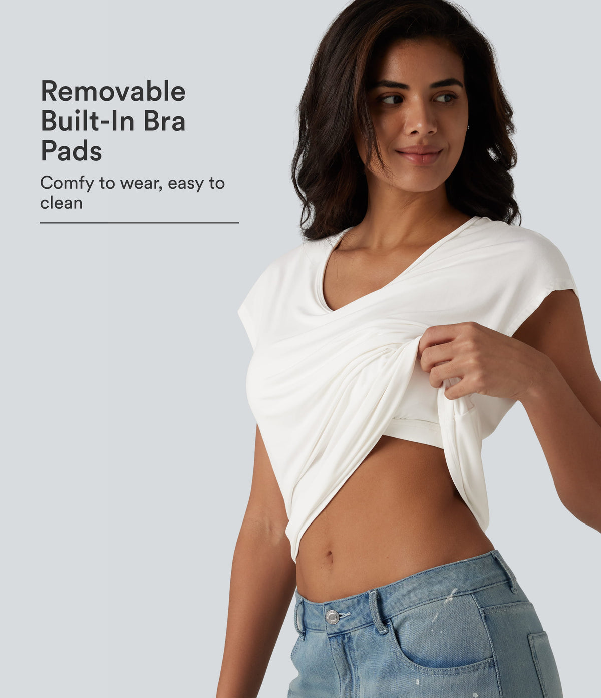 V Neck Short Sleeve Built-in Bra Casual T-Shirt B-DD Cups — Jasmine White — view 1
