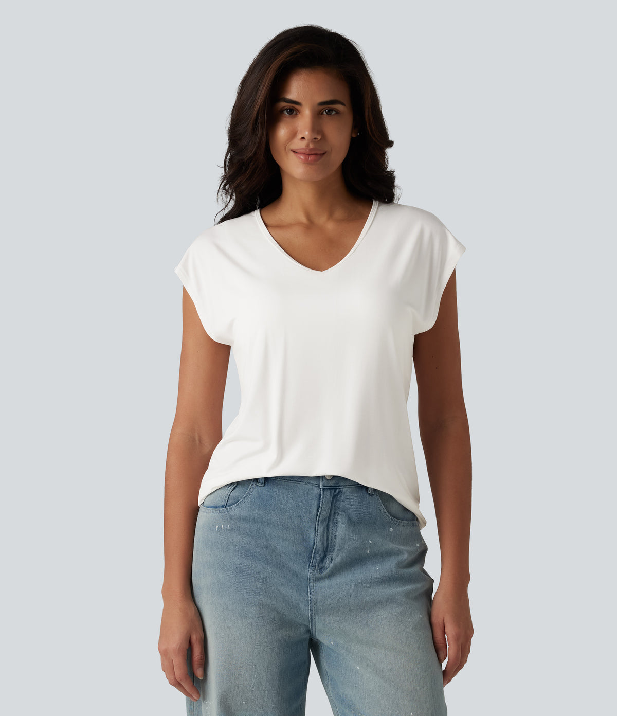 V Neck Short Sleeve Built-in Bra Casual T-Shirt B-DD Cups — Jasmine White — view 3