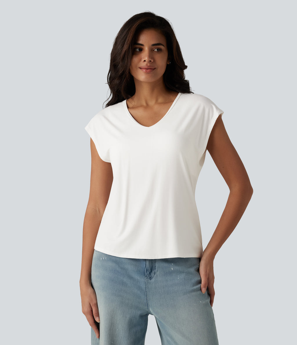 V Neck Short Sleeve Built-in Bra Casual T-Shirt B-DD Cups — Jasmine White — view 6