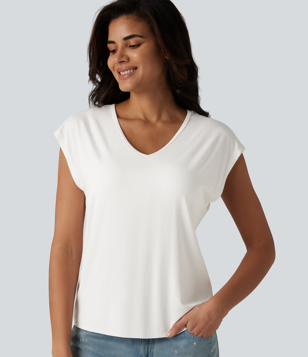 V Neck Short Sleeve Built-in Bra Casual T-Shirt B-DD Cups — Jasmine White — view 5