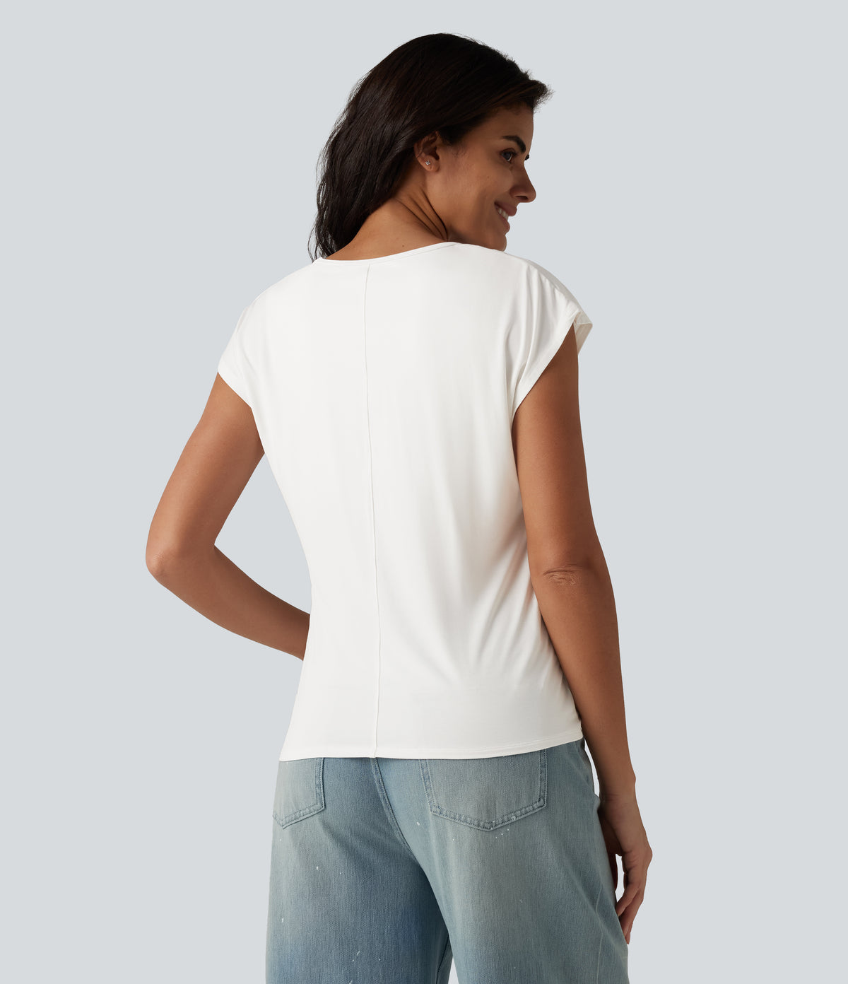 V Neck Short Sleeve Built-in Bra Casual T-Shirt B-DD Cups — Jasmine White — view 2