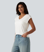 V Neck Short Sleeve Built-in Bra Casual T-Shirt B-DD Cups — Jasmine White — view 4