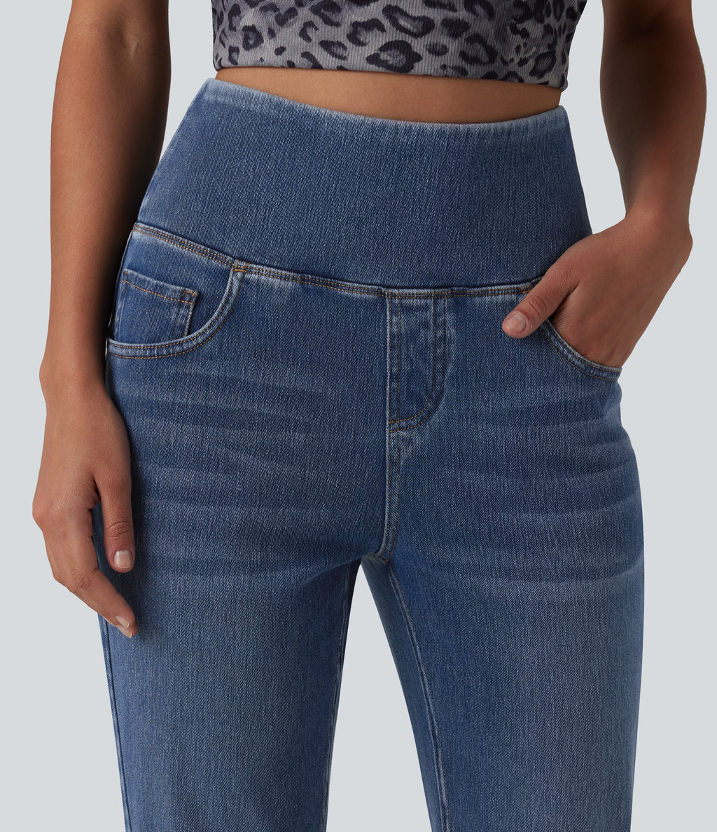 High Waisted Tummy Control Flare Casual Jeans with Pockets — Tide Blue Denim — view 5