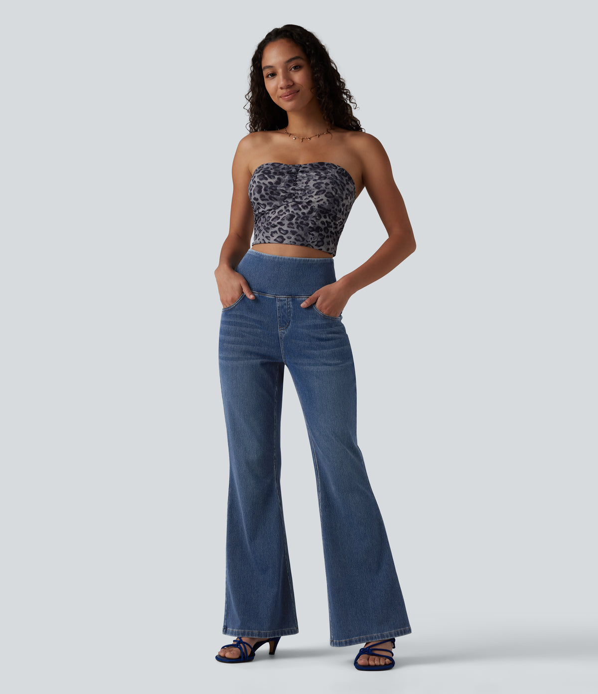 High Waisted Tummy Control Flare Casual Jeans with Pockets — Tide Blue Denim — view 6