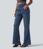 High Waisted Tummy Control Flare Casual Jeans with Pockets — Tide Blue Denim — view 3