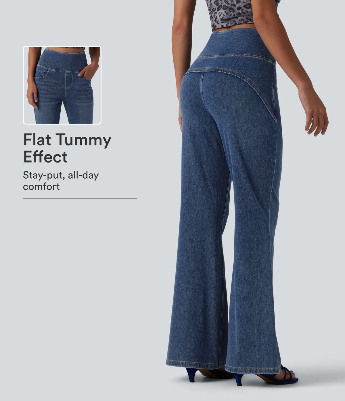 High Waisted Tummy Control Flare Casual Jeans with Pockets — Tide Blue Denim — view 1