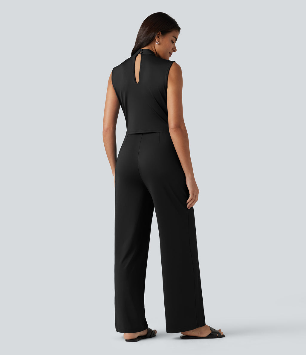 V Neck Sleeveless Work Jumpsuit with Pockets-Edition — Black — view 2
