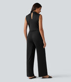 V Neck Sleeveless Work Jumpsuit with Pockets-Edition — Black — view 2