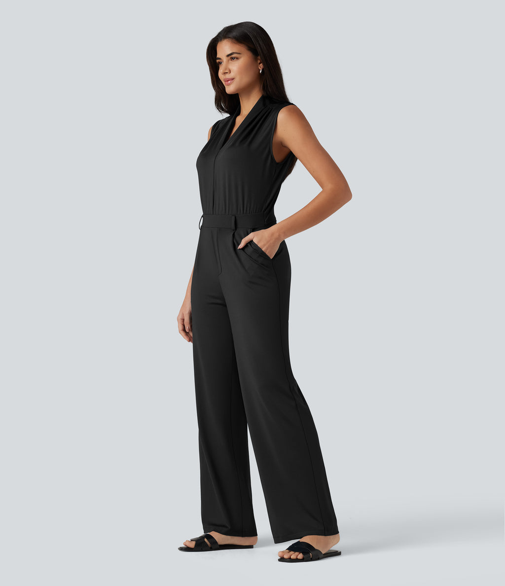 V Neck Sleeveless Work Jumpsuit with Pockets-Edition — Black — view 1