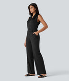 V Neck Sleeveless Work Jumpsuit with Pockets-Edition — Black — view 1