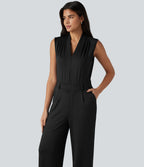 V Neck Sleeveless Work Jumpsuit with Pockets-Edition — Black — view 6