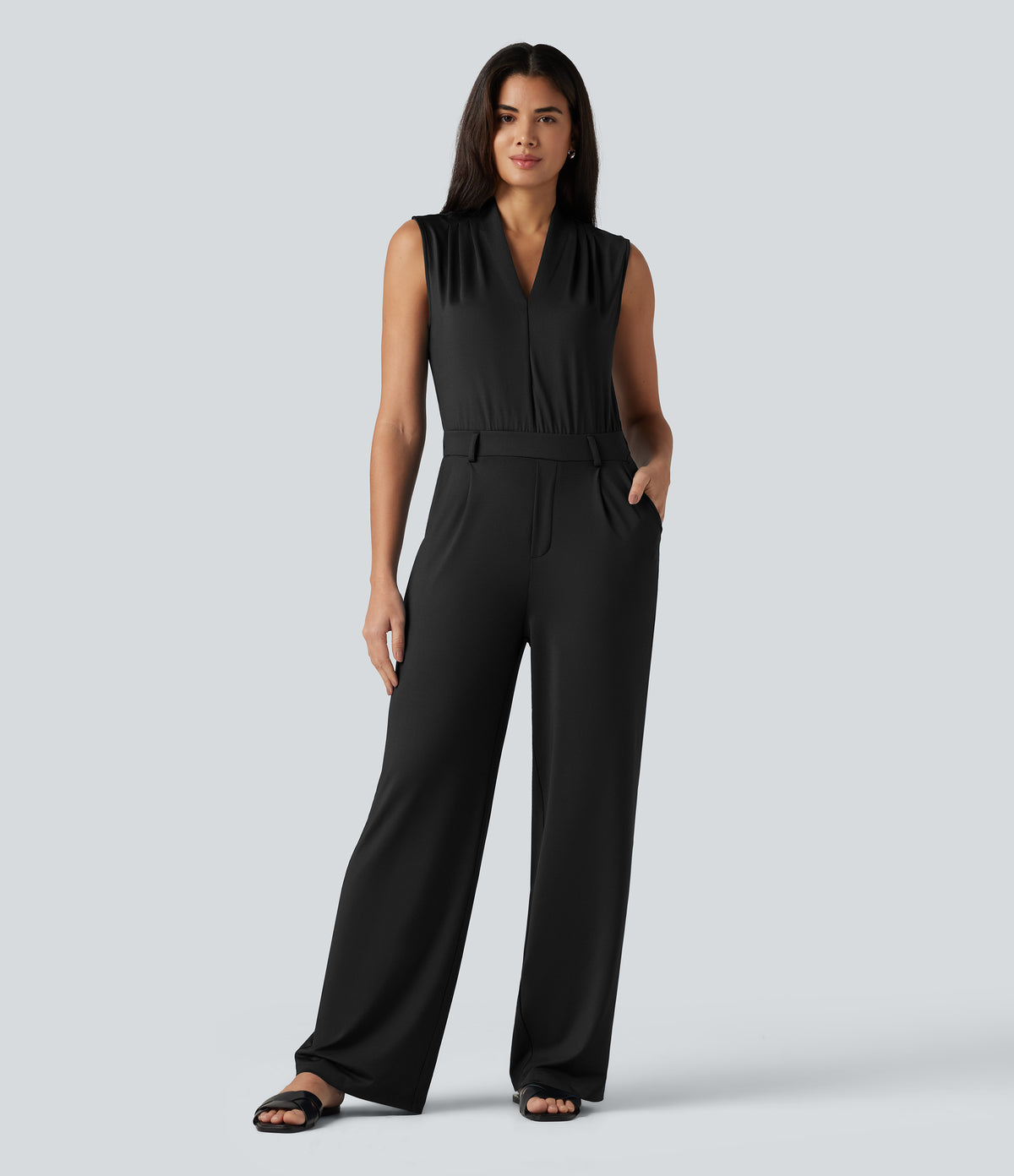 V Neck Sleeveless Work Jumpsuit with Pockets-Edition — Black — view 3