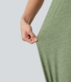 Racerback Built-in Bra High Low Flowy Midi Dress with Pockets — Light Green Floral Yarn — view 6