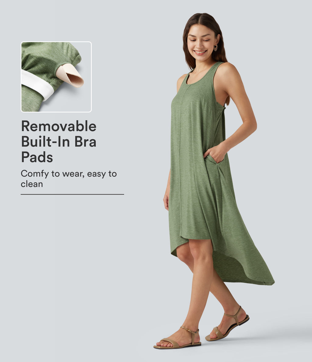Racerback Built-in Bra High Low Flowy Midi Dress with Pockets — Light Green Floral Yarn — view 1