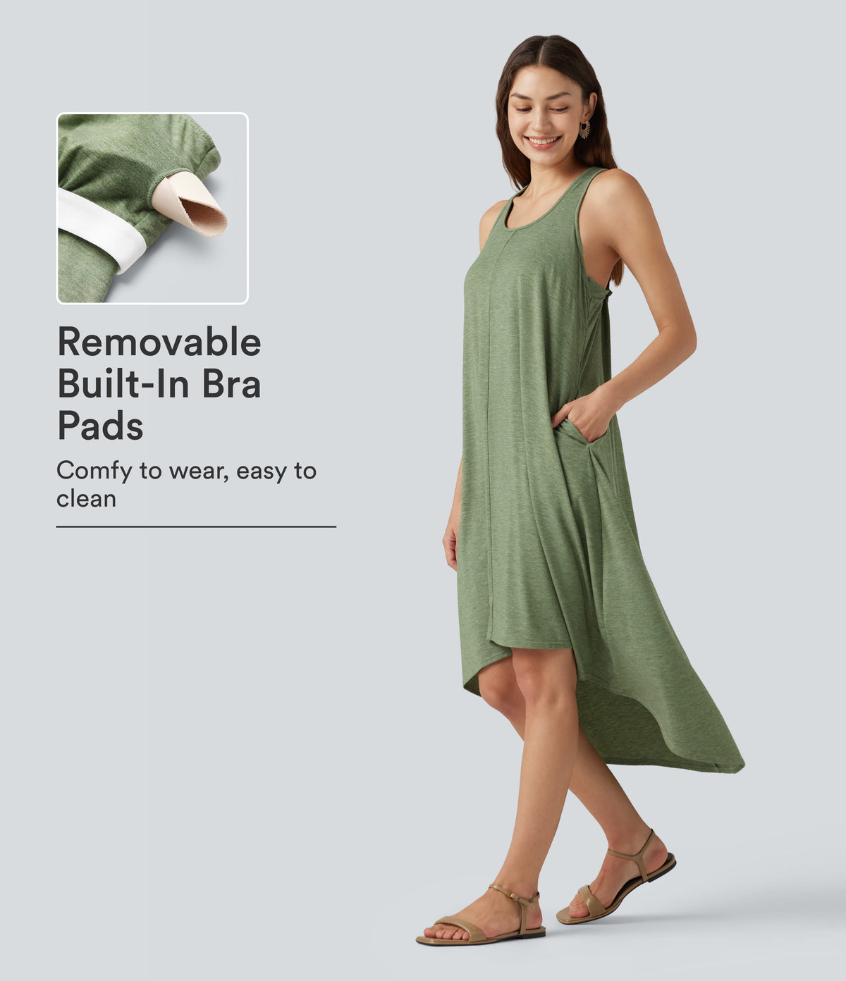 Racerback Built-in Bra High Low Flowy Midi Dress with Pockets — Light Green Floral Yarn — view 1