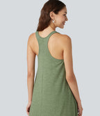 Racerback Built-in Bra High Low Flowy Midi Dress with Pockets — Light Green Floral Yarn — view 5