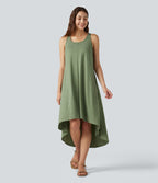 Racerback Built-in Bra High Low Flowy Midi Dress with Pockets — Light Green Floral Yarn — view 3