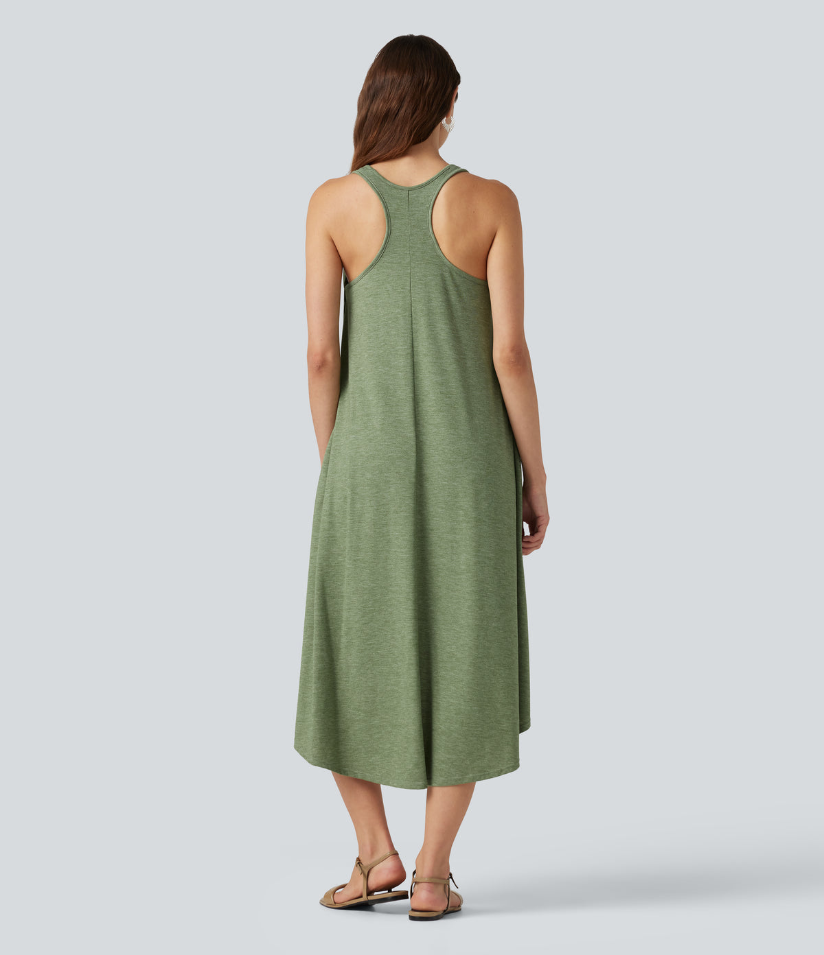 Racerback Built-in Bra High Low Flowy Midi Dress with Pockets — Light Green Floral Yarn — view 2
