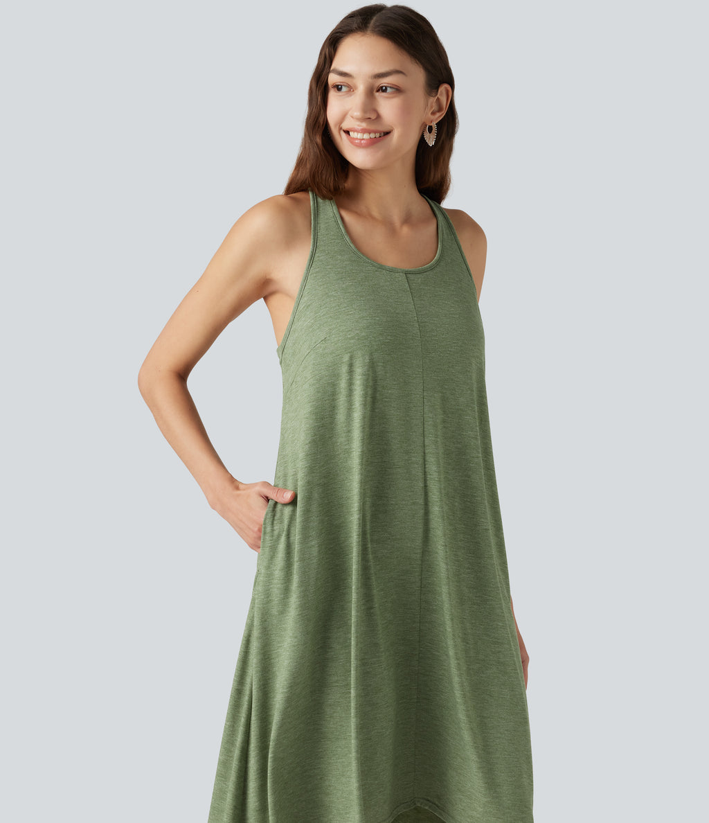 Racerback Built-in Bra High Low Flowy Midi Dress with Pockets — Light Green Floral Yarn — view 4