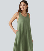 Racerback Built-in Bra High Low Flowy Midi Dress with Pockets — Light Green Floral Yarn — view 4