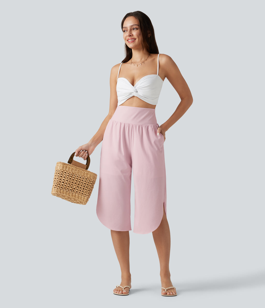 High Waisted Tummy Control Curved Hem Quick Dry Capri Trousers with Pockets — Pale Lilac — view 7