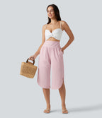 High Waisted Tummy Control Curved Hem Quick Dry Capri Trousers with Pockets — Pale Lilac — view 7