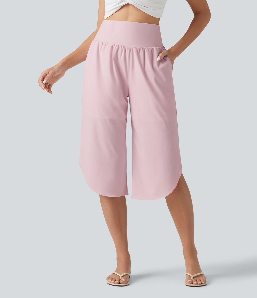 High Waisted Tummy Control Curved Hem Quick Dry Capri Trousers with Pockets — Pale Lilac — view 3