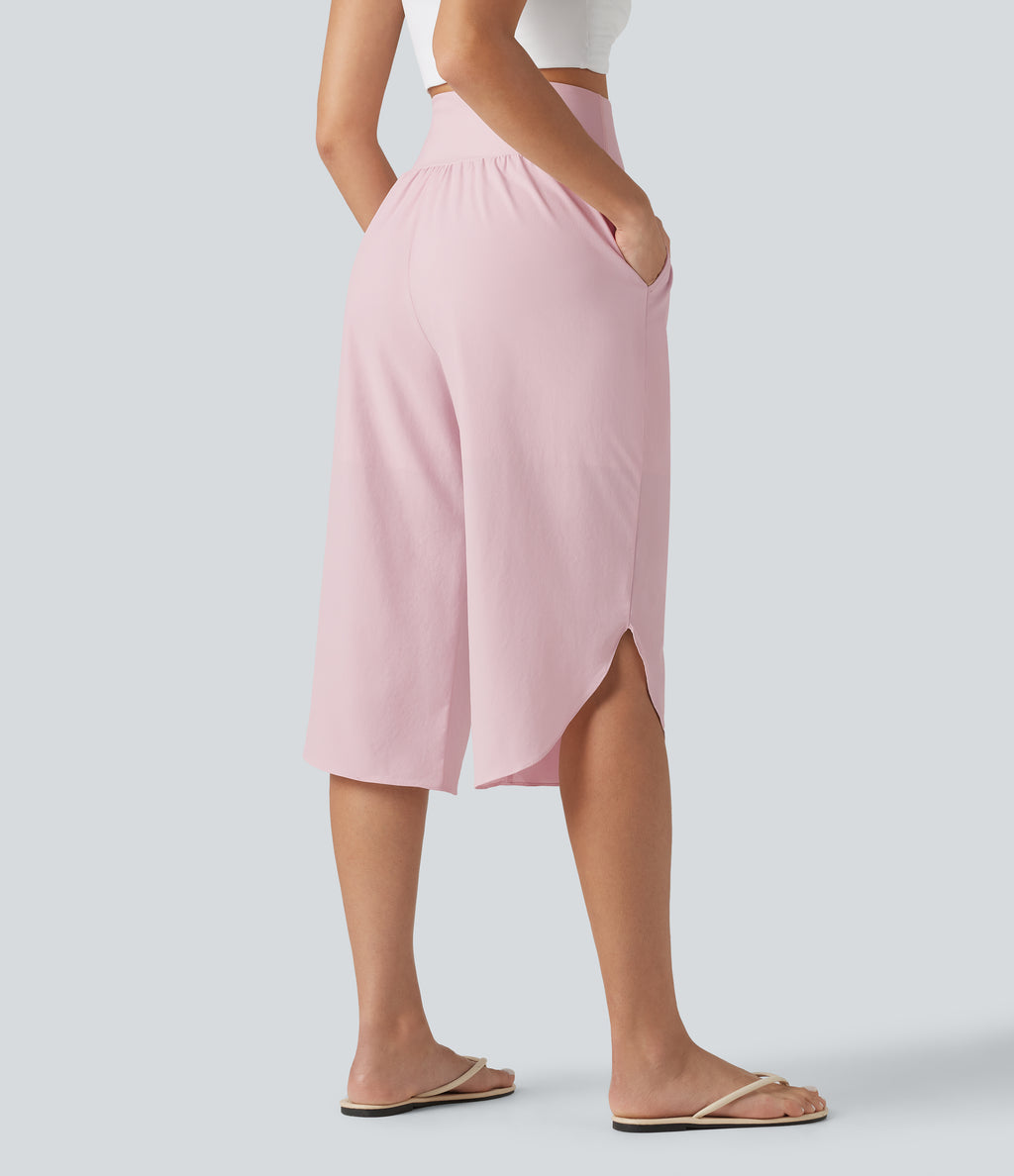 High Waisted Tummy Control Curved Hem Quick Dry Capri Trousers with Pockets — Pale Lilac — view 2