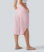 High Waisted Tummy Control Curved Hem Quick Dry Capri Trousers with Pockets — Pale Lilac — view 2