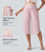 High Waisted Tummy Control Curved Hem Quick Dry Capri Trousers with Pockets — Pale Lilac — view 1