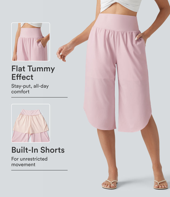 High Waisted Tummy Control Curved Hem Quick Dry Capri Trousers with Pockets — Pale Lilac — view 1